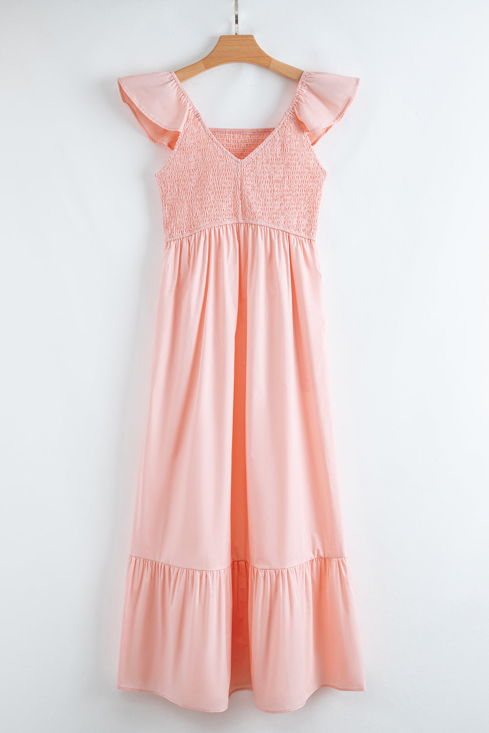 Pink V Neck Flutter Sleeve Smocked Bodice High Waist Ruffle Maxi Dress-Dresses/Maxi Dresses-[Adult]-[Female]-2022 Online Blue Zone Planet
