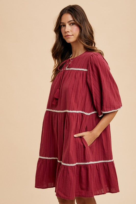 Annie Wear Tassel Contrast Trim Tie Neck Half Sleeve Tiered Dress-TOPS / DRESSES-[Adult]-[Female]-2022 Online Blue Zone Planet