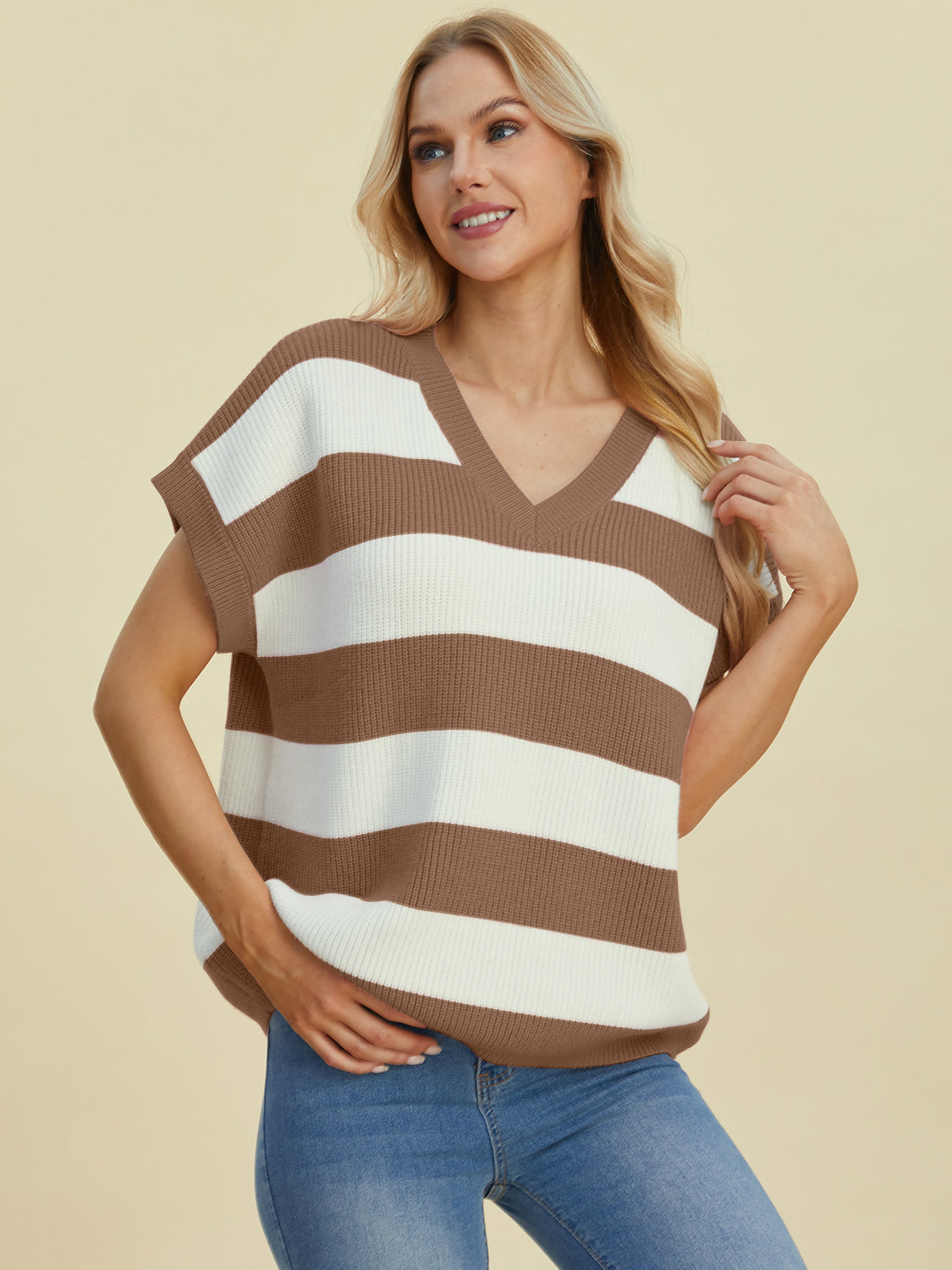 Double Take Full Size Striped V-Neck Short Sleeve Sweater-TOPS / DRESSES-[Adult]-[Female]-2022 Online Blue Zone Planet