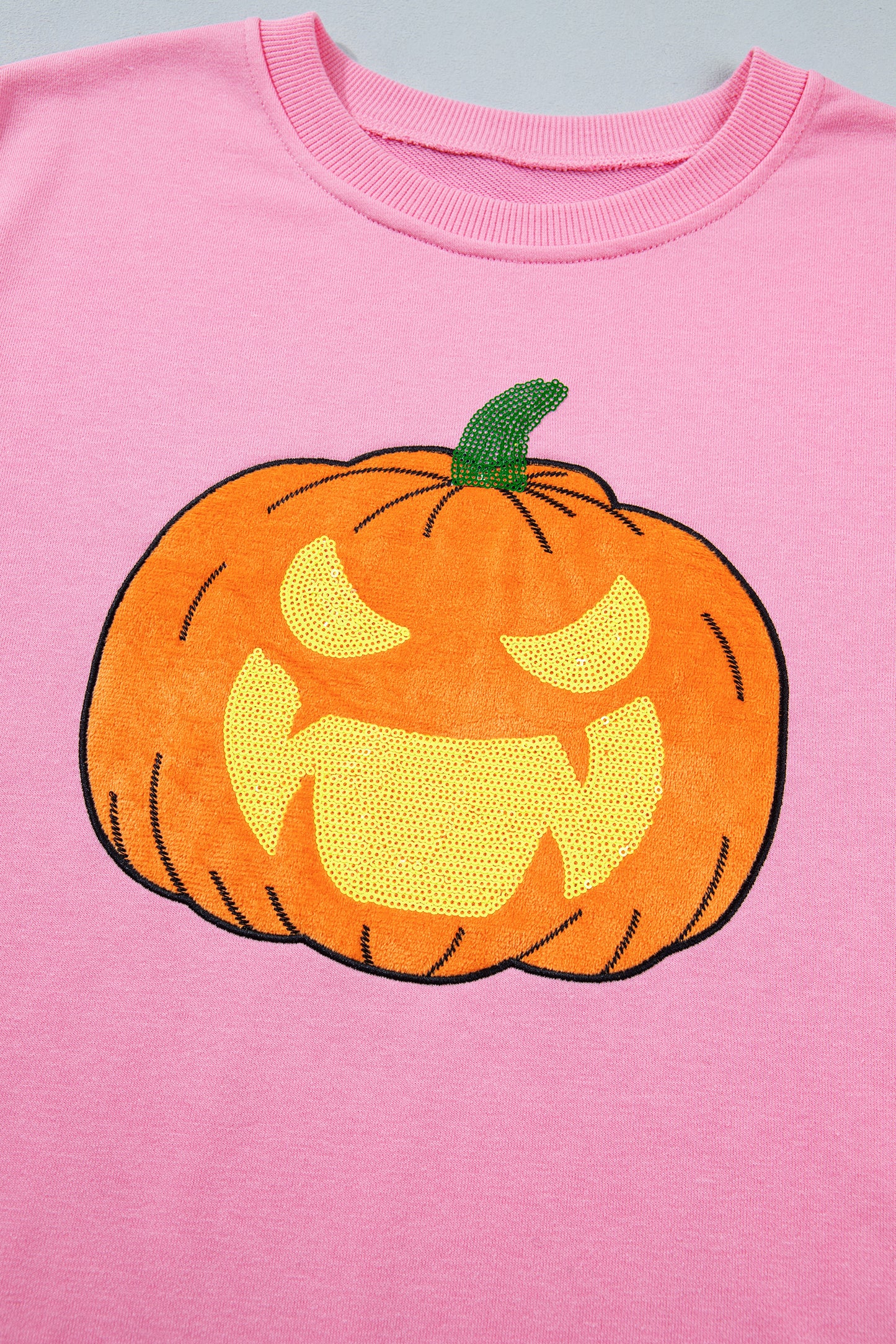 Pink Embroidered Pumpkin Face Long Sleeve Round Neck Sweatshirt