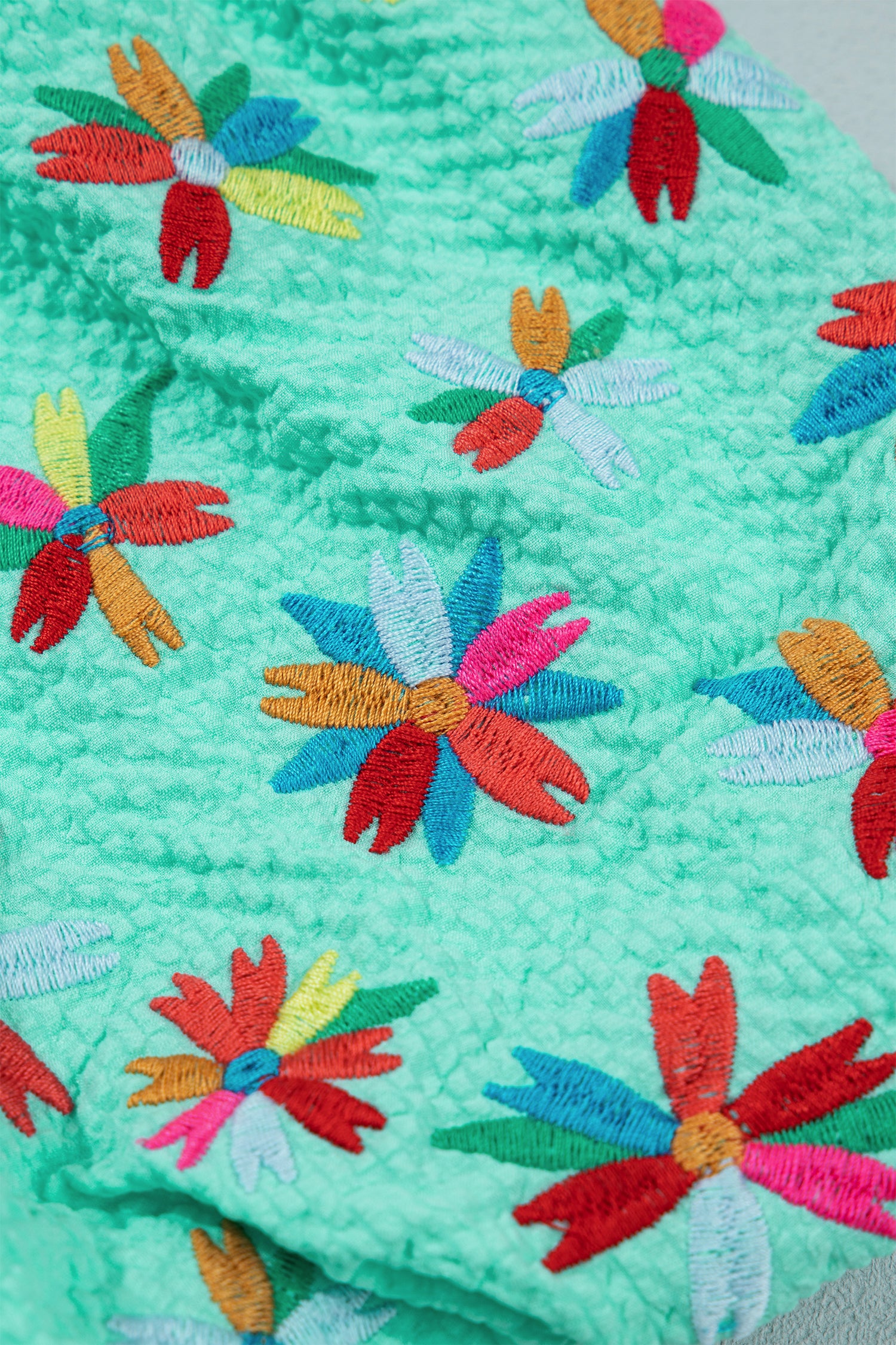 Mint Green Frilled V Neck Flower Embroidered Puff Sleeve Textured Blouse-Tops/Blouses & Shirts-[Adult]-[Female]-2022 Online Blue Zone Planet