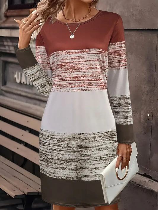 Color Block Round Neck Long Sleeve Dress-TOPS / DRESSES-[Adult]-[Female]-Brown-S-2022 Online Blue Zone Planet