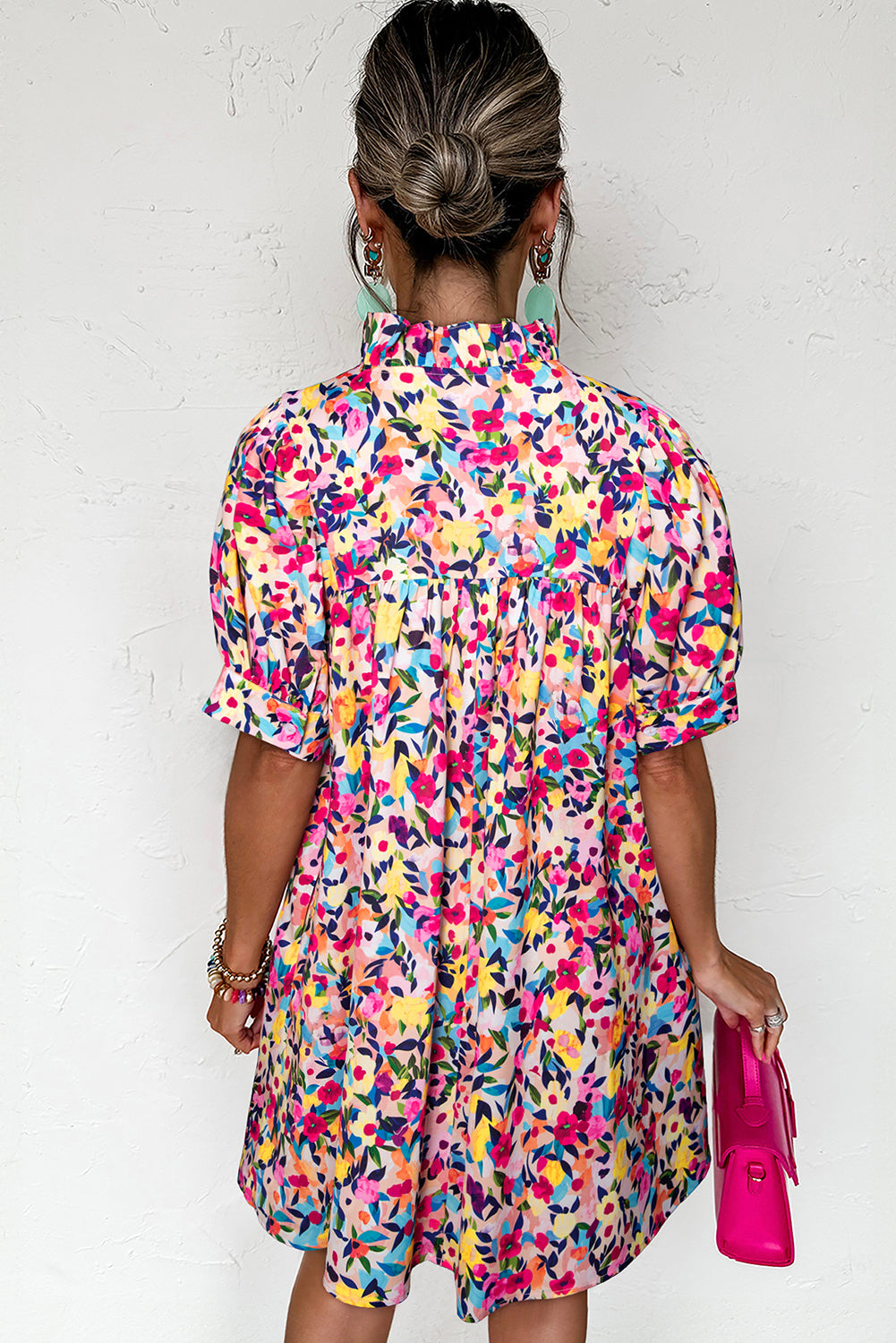 Pink Floral Puff Short Sleeve V Neck Mini Dress-TOPS / DRESSES-[Adult]-[Female]-2022 Online Blue Zone Planet