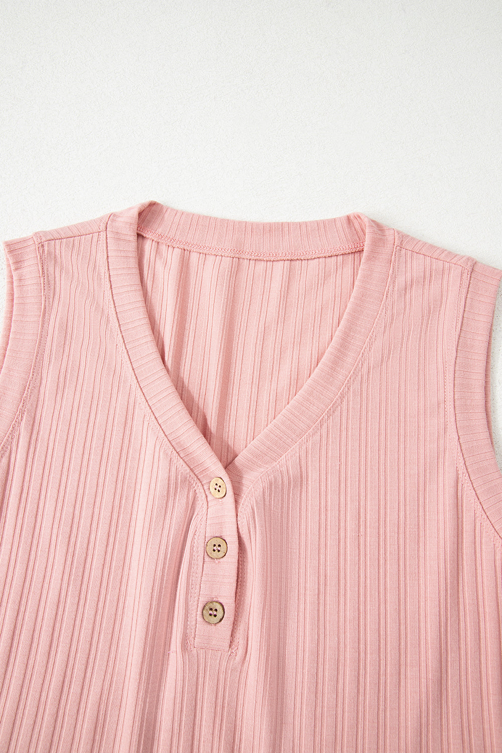 Gossamer Pink Ribbed Button V Neck Tank Top and Shorts Set-Two Piece Sets/Short Sets-[Adult]-[Female]-2022 Online Blue Zone Planet