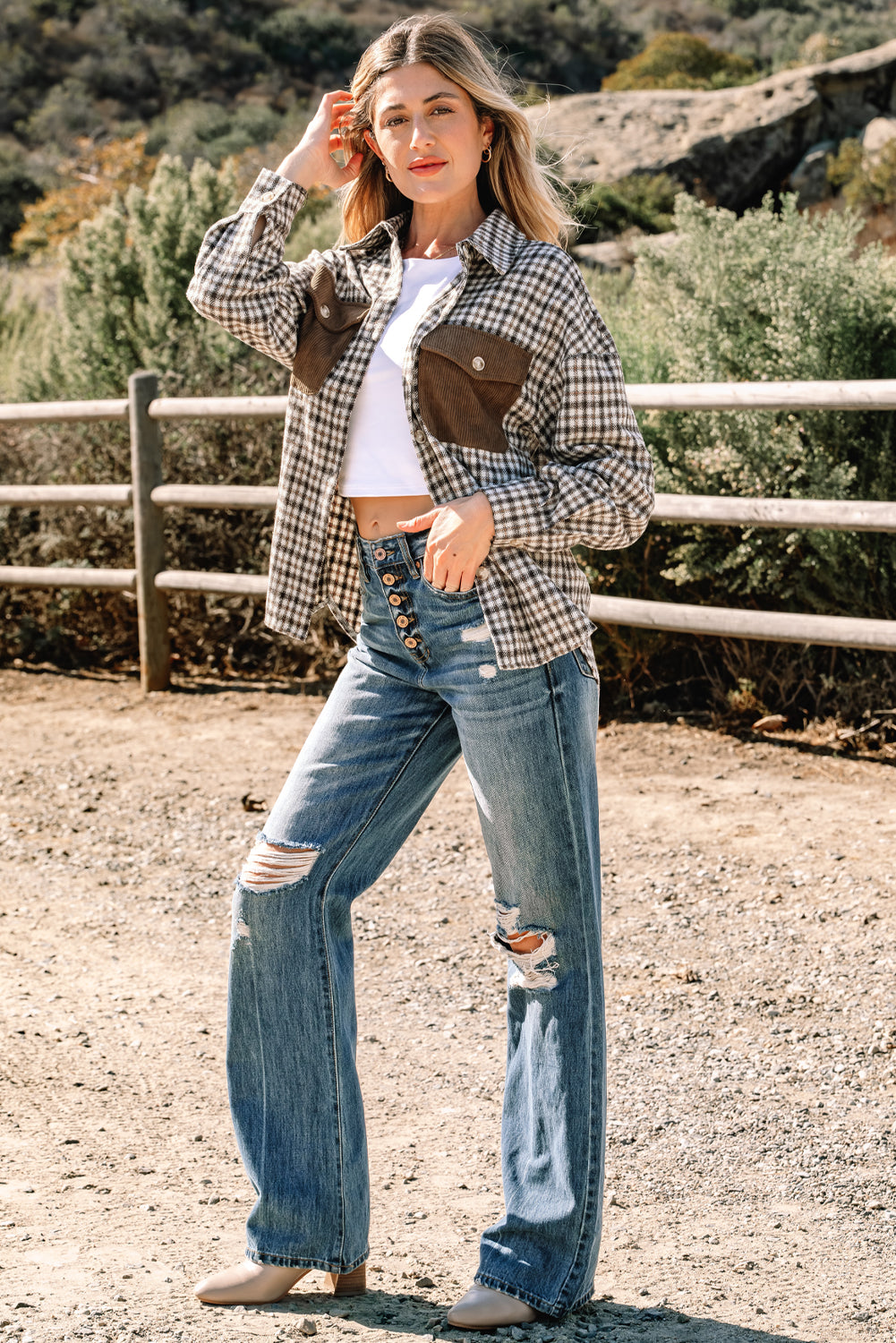 Casual Contrast Corduroy Flap Pocket Patchwork Plaid Shacket-Outerwear/Plaid Shackets-[Adult]-[Female]-2022 Online Blue Zone Planet