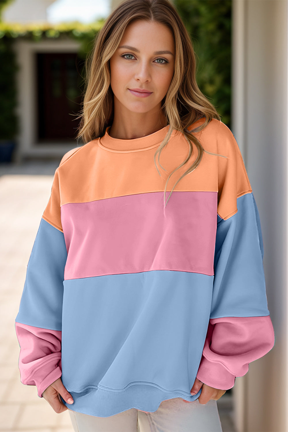 Blue Zone Planet | Color Block Round Neck Long Sleeve Sweatshirt-TOPS / DRESSES-[Adult]-[Female]-Dusty Pink-S-2022 Online Blue Zone Planet