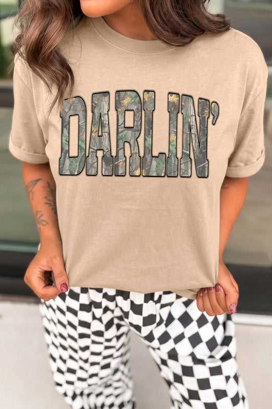 Khaki DARLIN Camo Letter Print Crewneck T Shirt-Graphic/Graphic Tees-[Adult]-[Female]-Khaki-S-2022 Online Blue Zone Planet