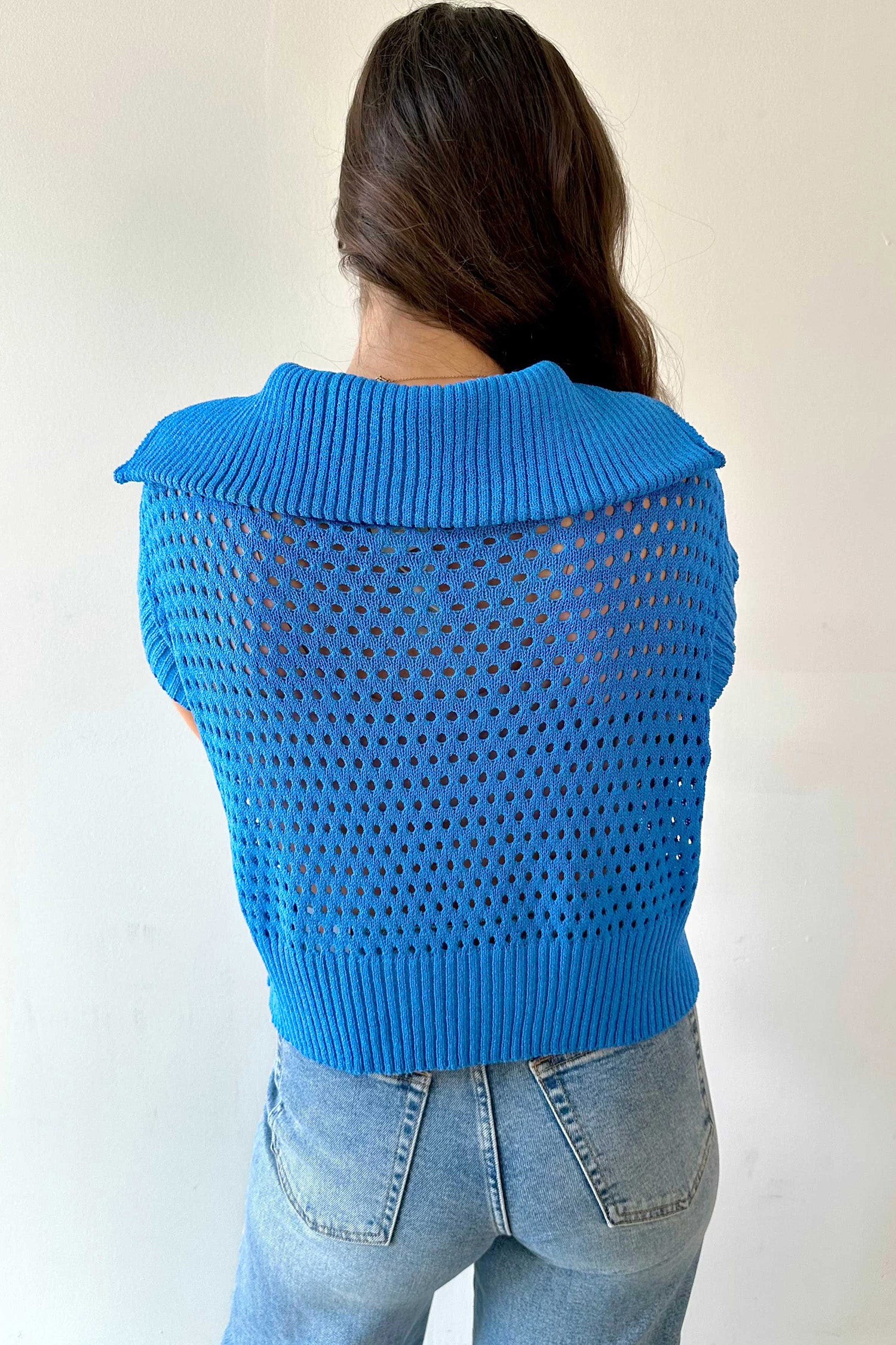 Sky Blue Solid Color Hollowed Knit Short Sleeve Zipper Collar Knitwear Top-Sweaters & Cardigans/Short Sleeve Sweaters-[Adult]-[Female]-2022 Online Blue Zone Planet
