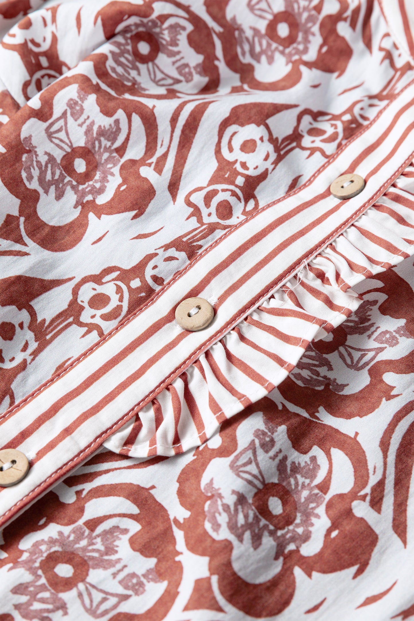 Floral Print Frilled Striped Trim Button Down Smocked Cuffs Long Sleeve Shirt-Tops/Blouses & Shirts-[Adult]-[Female]-2022 Online Blue Zone Planet