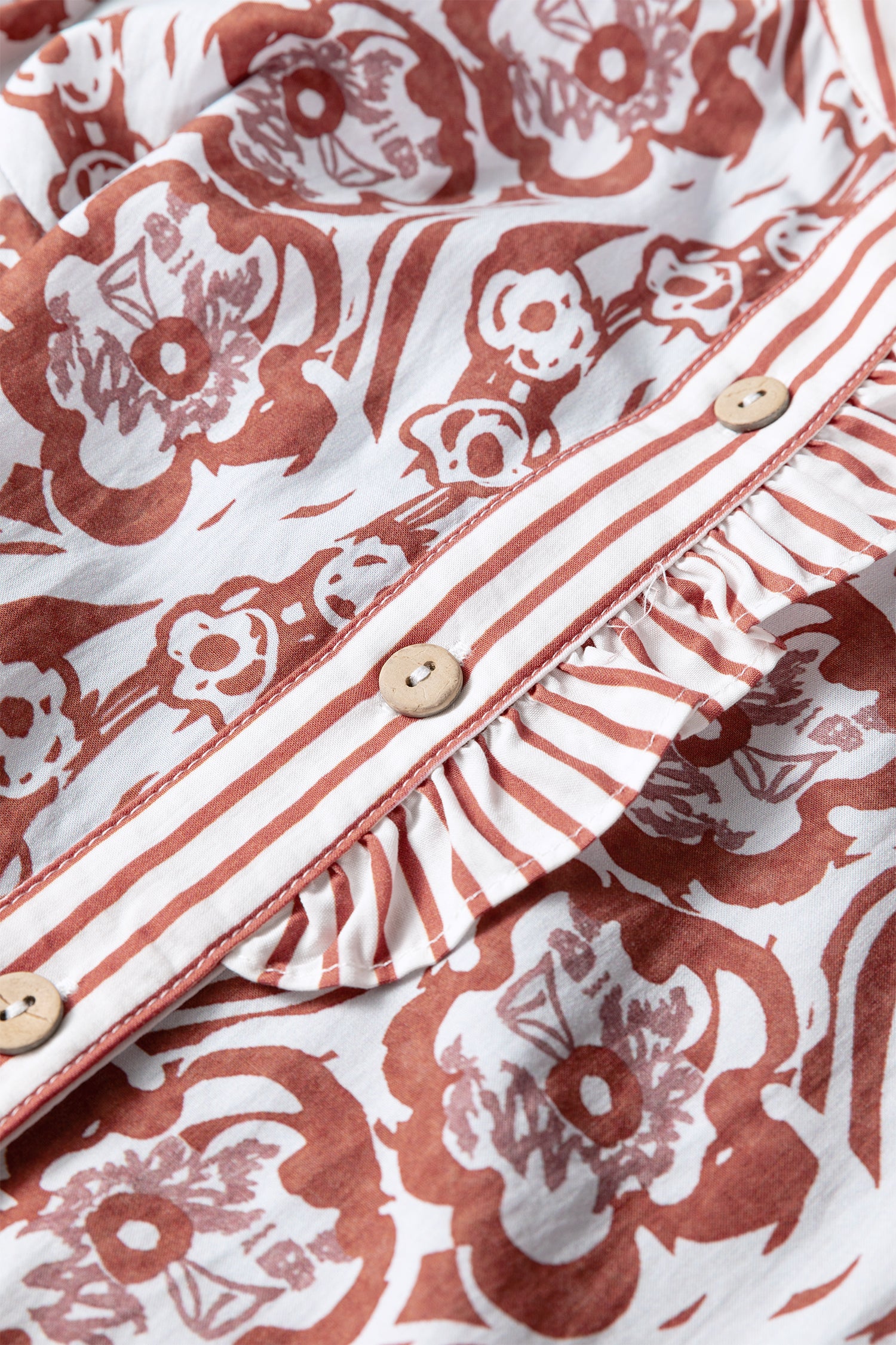 Floral Print Frilled Striped Trim Button Down Smocked Cuffs Long Sleeve Shirt-Tops/Blouses & Shirts-[Adult]-[Female]-2022 Online Blue Zone Planet