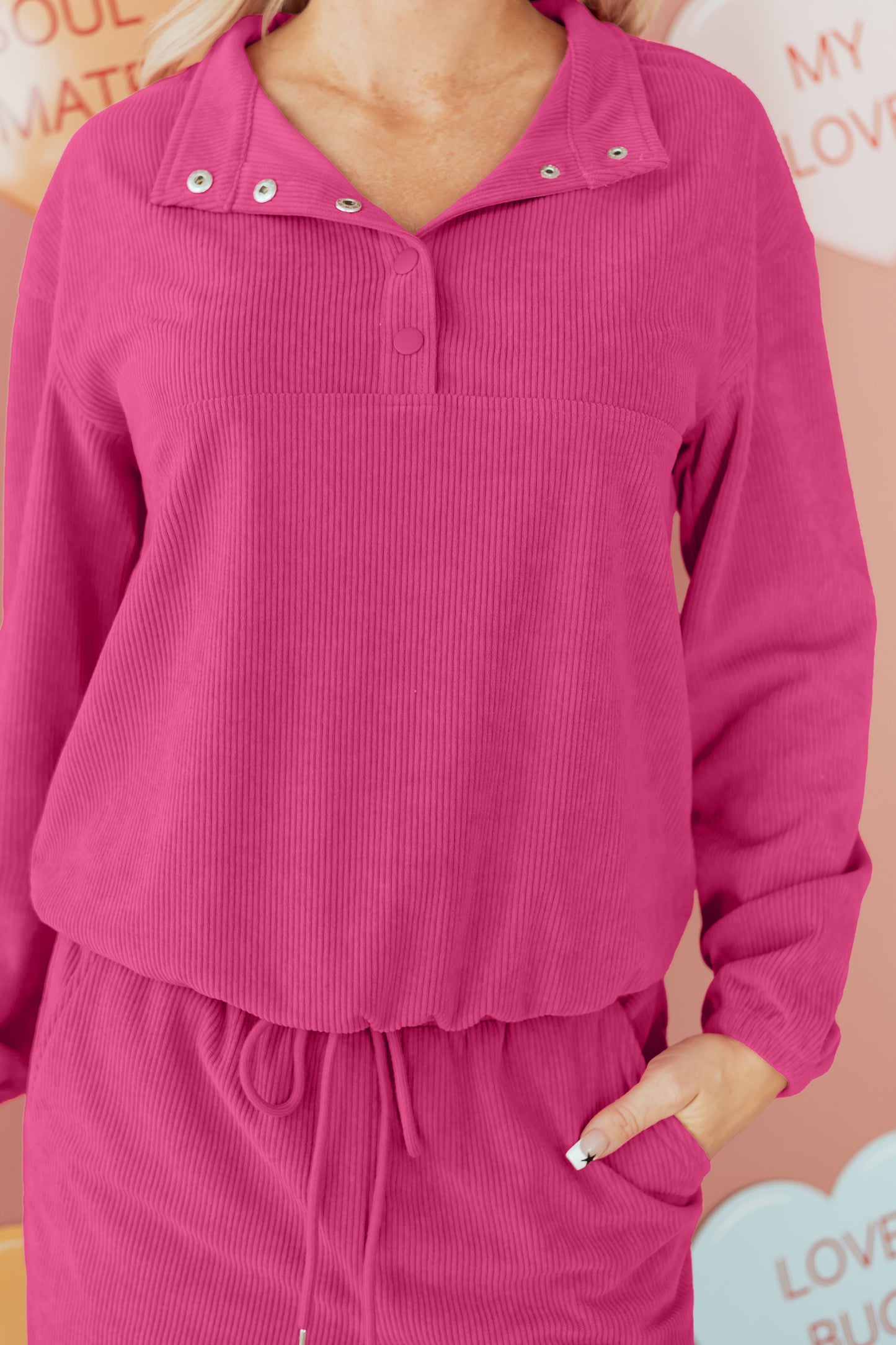 Peach Blossom Half Button Pullover Drawstring Pants Solid Color Corduroy 2pcs Outfit-Two Piece Sets/Pant Sets-[Adult]-[Female]-2022 Online Blue Zone Planet