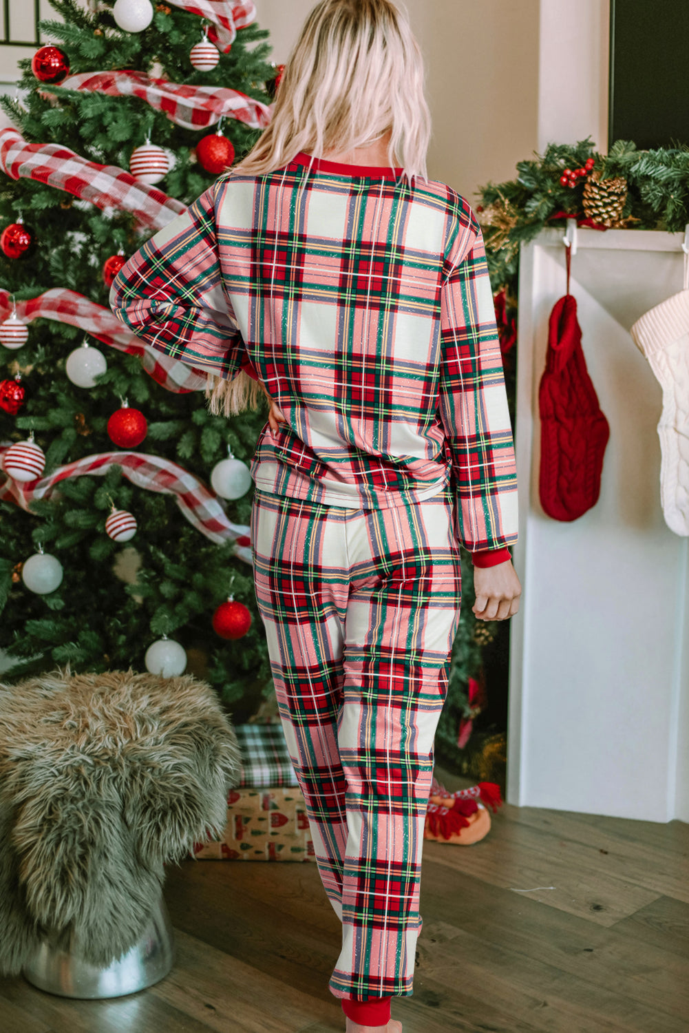 Blue Zone Planet | Red Christmas Plaid Allover Top and Pants Lounge Set-Loungewear & Sleepwear/Loungewear-[Adult]-[Female]-2022 Online Blue Zone Planet