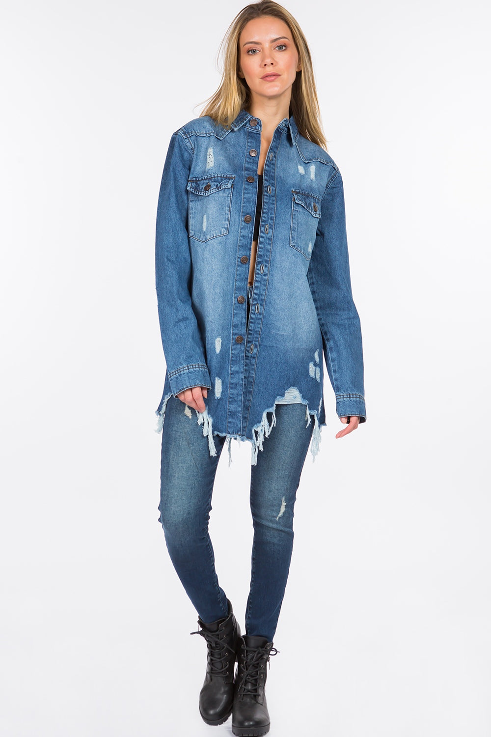 Blue Zone Planet | American Bazi Distressed Frayed Hem Denim Jacket-TOPS / DRESSES-[Adult]-[Female]-2022 Online Blue Zone Planet