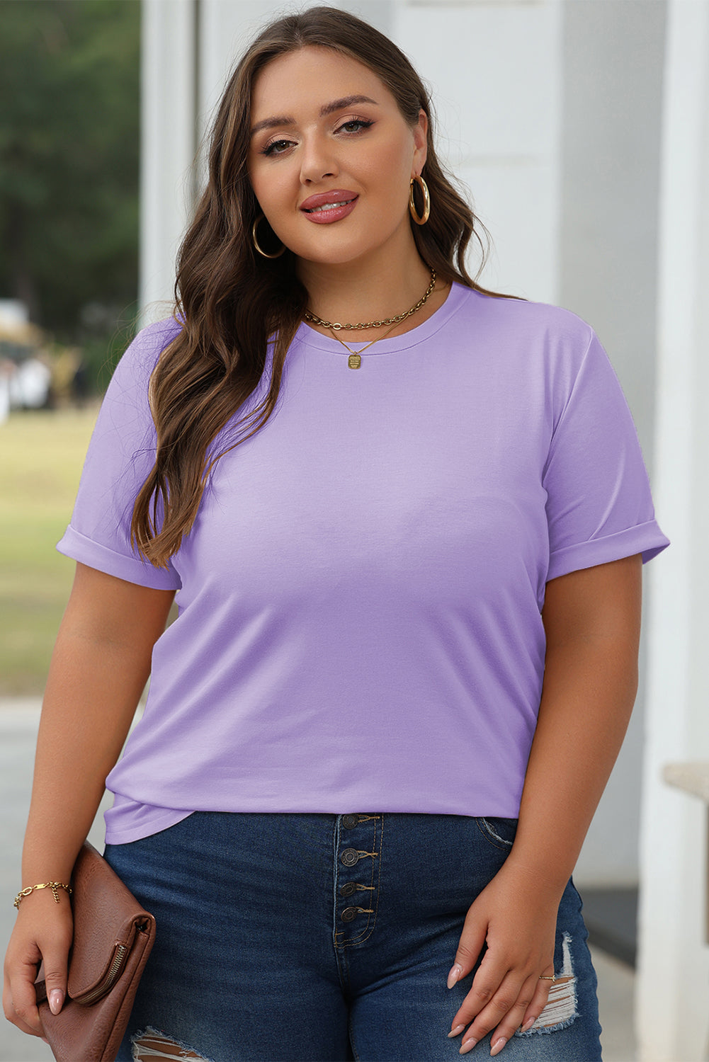 Wisteria Casual Plain Crew Neck Tee-Tops/Tops & Tees-[Adult]-[Female]-2022 Online Blue Zone Planet