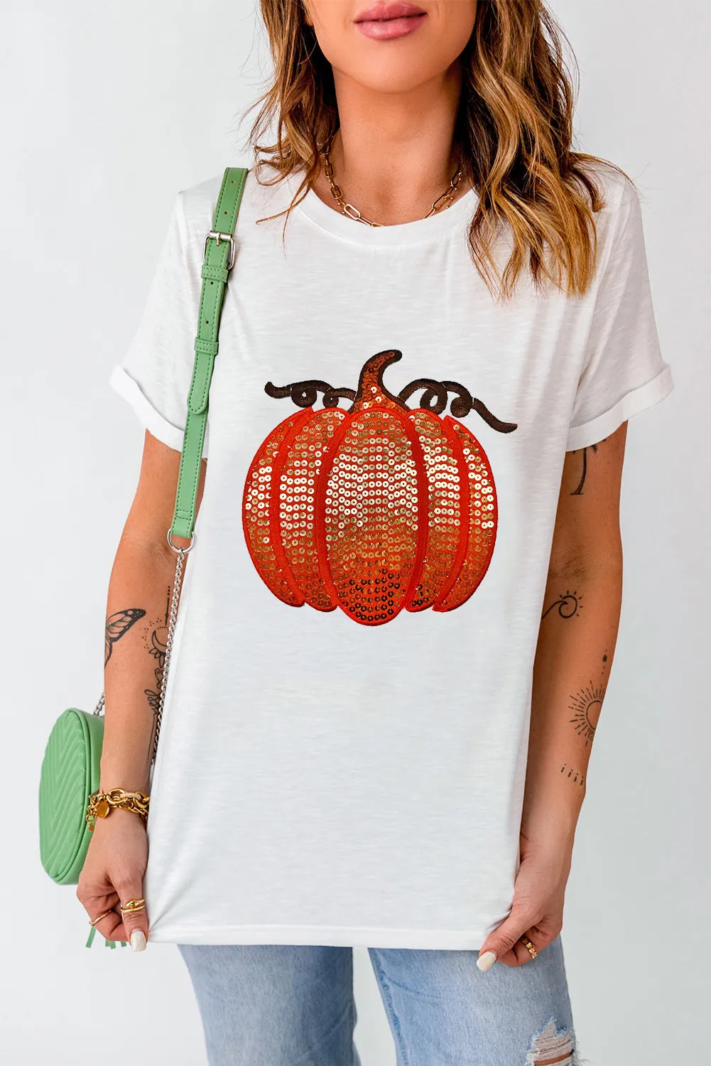 Full Size Sequin Pumpkin Round Neck Short Sleeve T-Shirt-TOPS / DRESSES-[Adult]-[Female]-2022 Online Blue Zone Planet