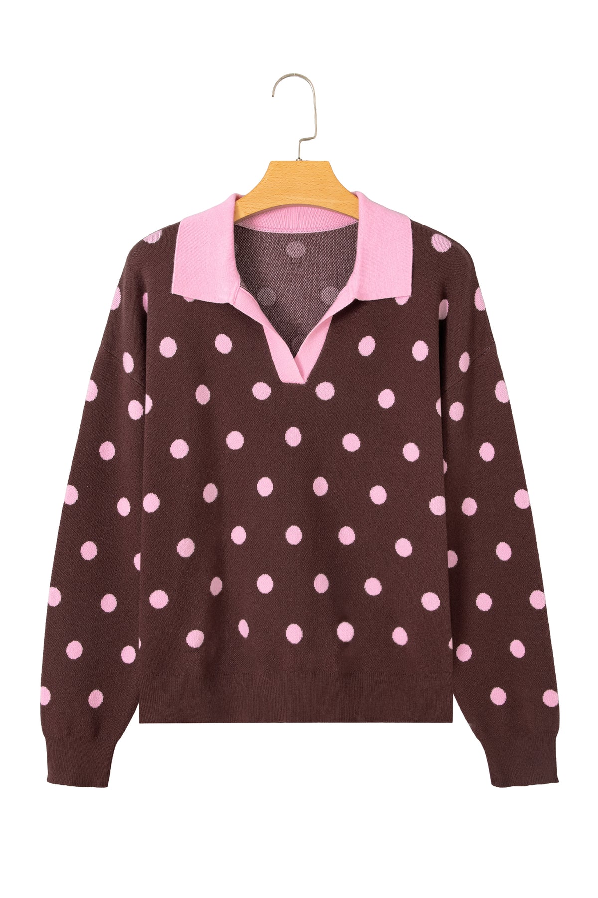 Pink Polka Dot Pattern Color Block Collared Loose Pullover Sweater-Sweaters & Cardigans/Sweaters-[Adult]-[Female]-2022 Online Blue Zone Planet