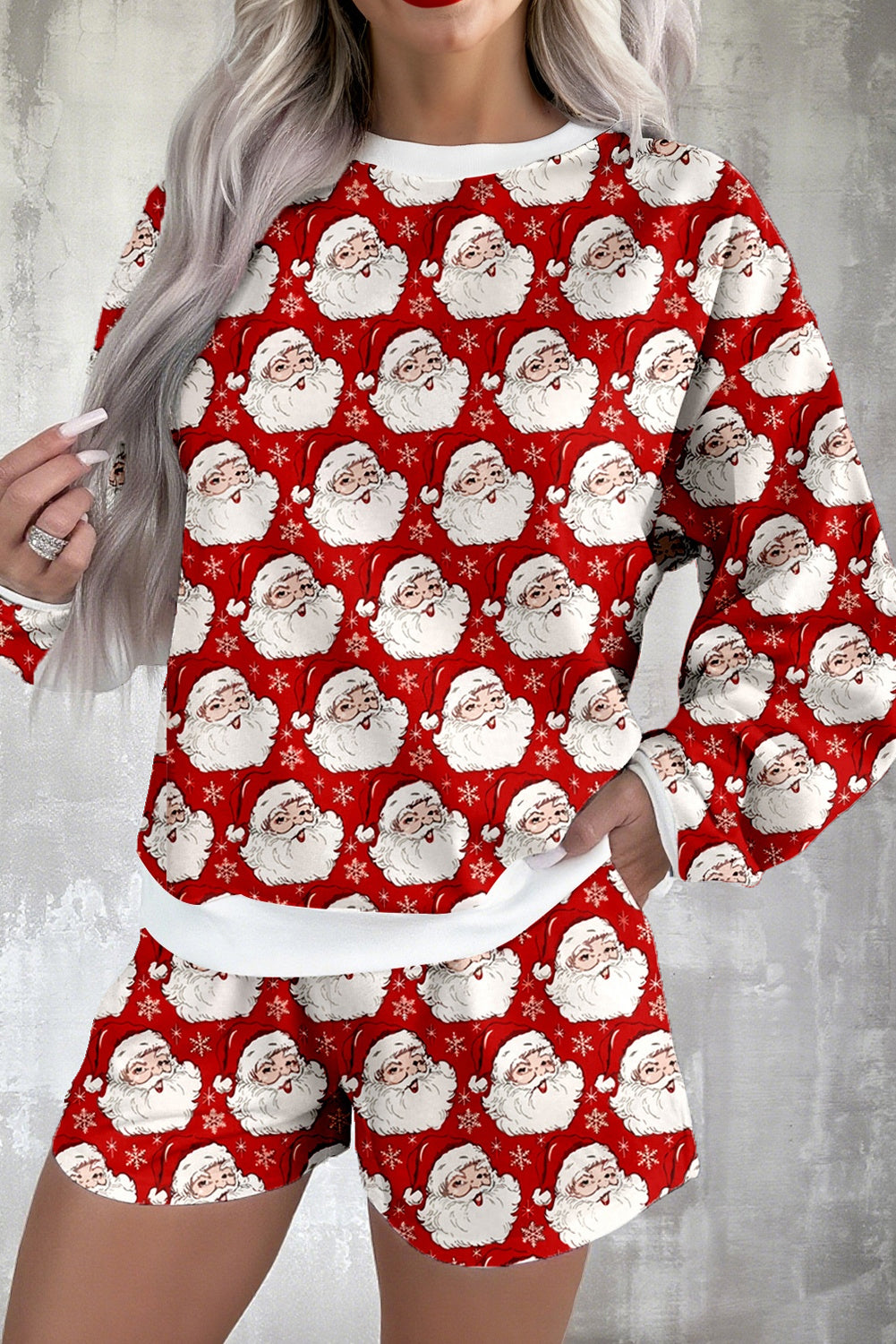 Pink Santa Claus Graphic Christmas Tree Pajama Set-Loungewear Set-[Adult]-[Female]-Red-L-2022 Online Blue Zone Planet