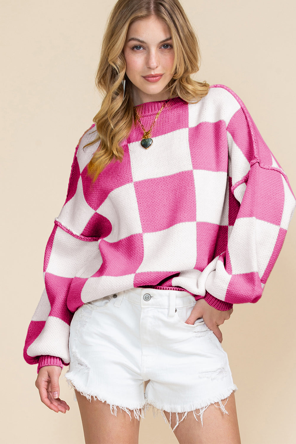 Blue Zone Planet | Pink Checked Bishop Sleeve Pullover Sweater-Sweaters-[Adult]-[Female]-2022 Online Blue Zone Planet