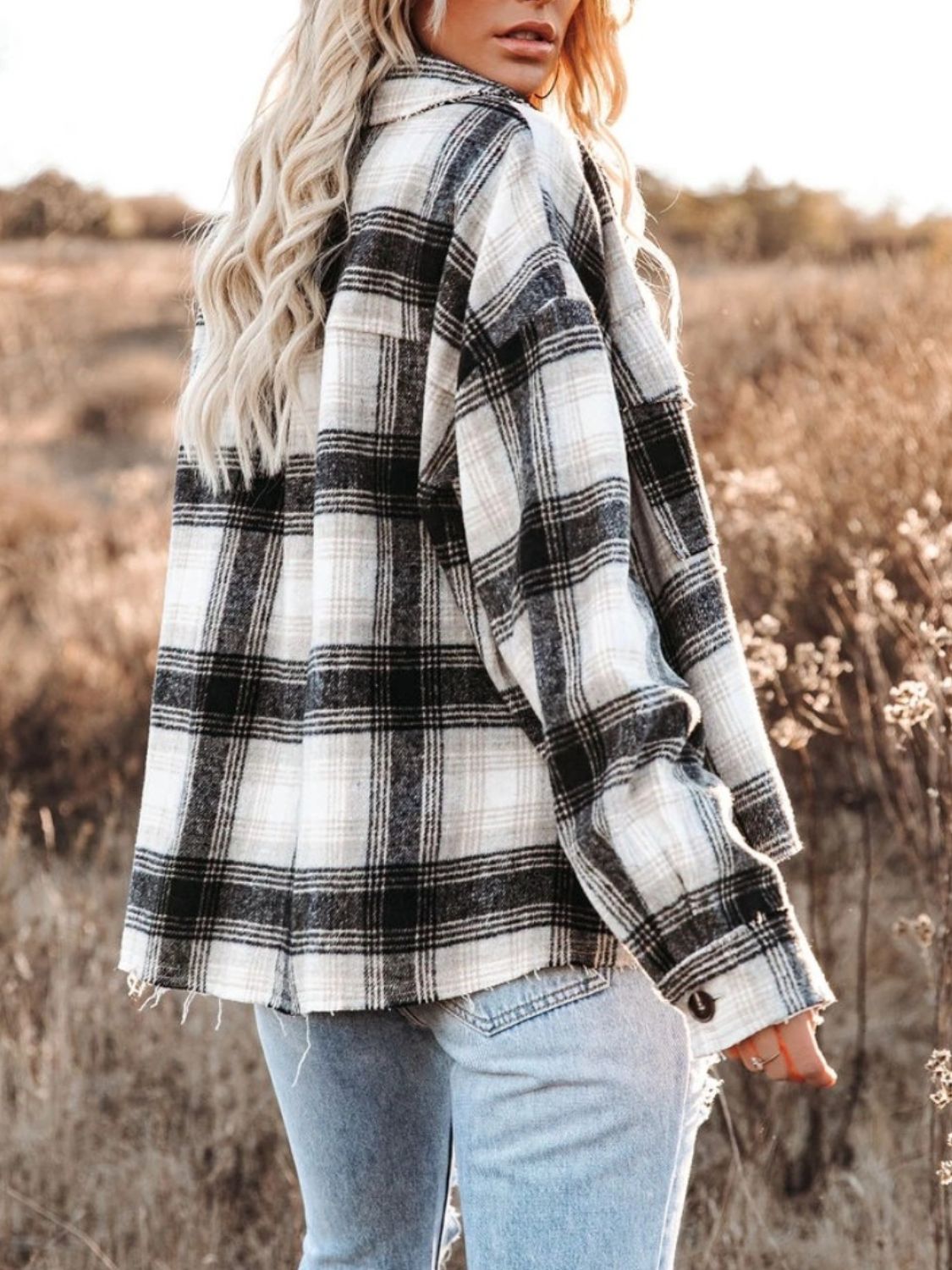 Pocketed Plaid Button Down Long Sleeve Shacket-TOPS / DRESSES-[Adult]-[Female]-2022 Online Blue Zone Planet