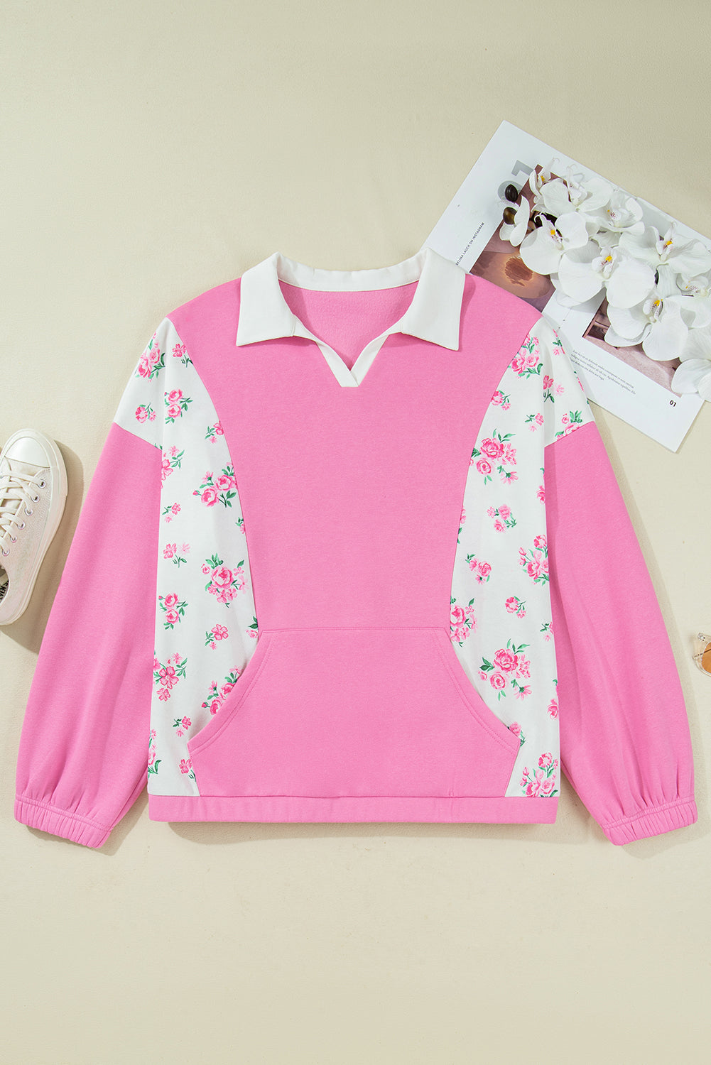 Pink Plus Size Contrast Polo Collar Floral Patchwork Elastic Cuffs Long Sleeve Top-Plus Size/Plus Size Tops/Plus Size Long Sleeve Tops-[Adult]-[Female]-2022 Online Blue Zone Planet