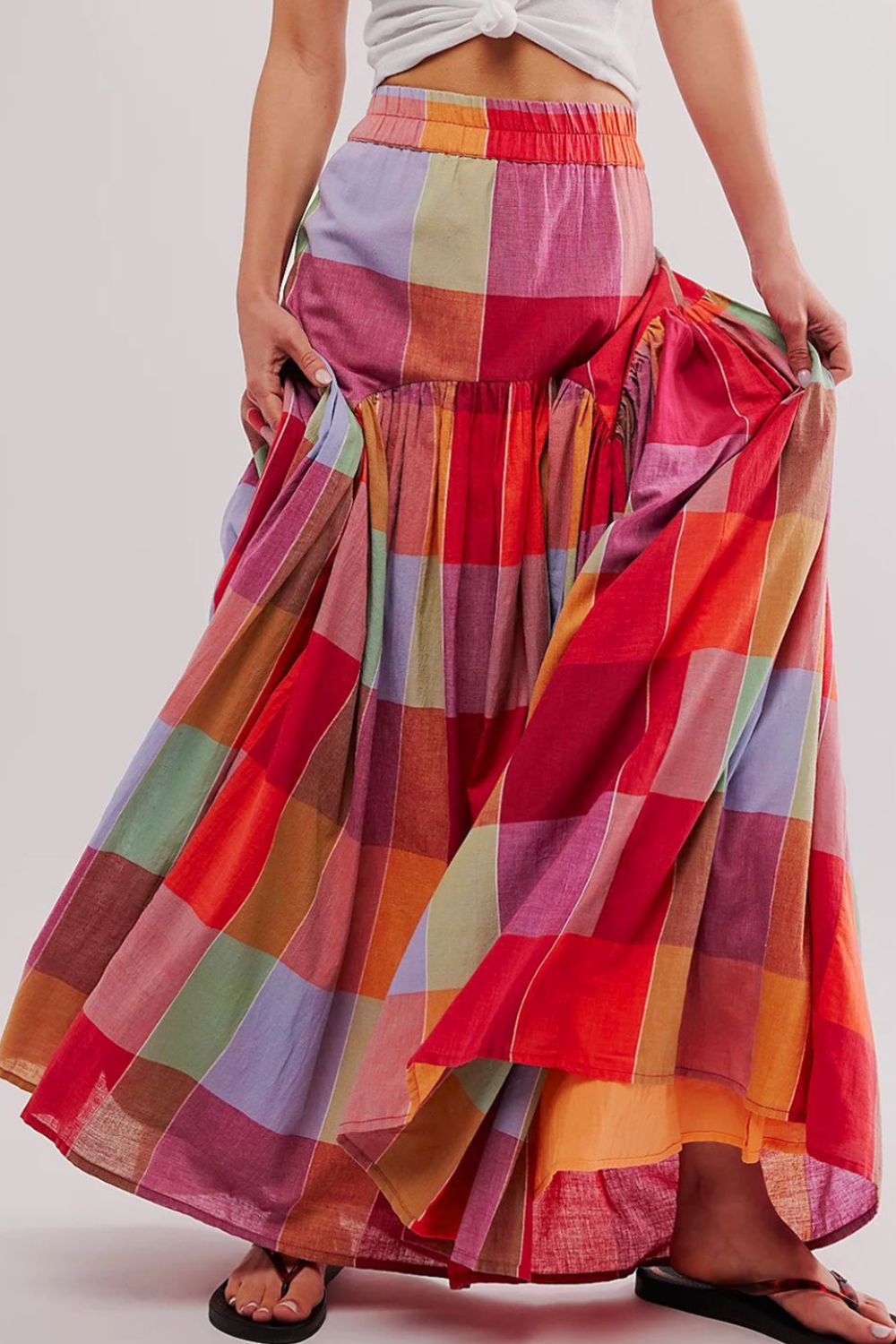 Color Block Elastic Waist Maxi Skirt-BOTTOMS SIZES SMALL MEDIUM LARGE-[Adult]-[Female]-Plaid-S-2022 Online Blue Zone Planet