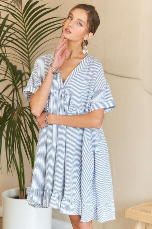 ADORA Ruffled Hem Striped V-Neck Babydoll Dress-TOPS / DRESSES-[Adult]-[Female]-Light Blue-S-2022 Online Blue Zone Planet