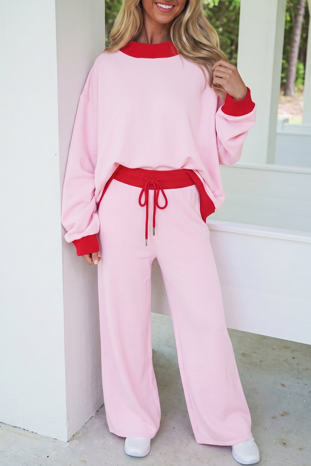 Light Pink Color Block Trim Long Sleeve Pullover Drawstring Shift Pants Set-Two Piece Sets/Pant Sets-[Adult]-[Female]-2022 Online Blue Zone Planet