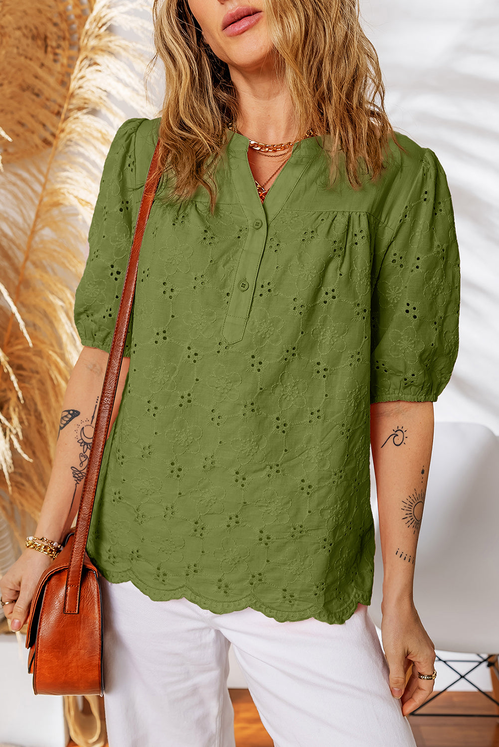 Sky Blue Lace Crochet V Neck Half Sleeve Embroidery Button Down Blouses Casual Shirts-Blouses & Shirts-[Adult]-[Female]-2022 Online Blue Zone Planet