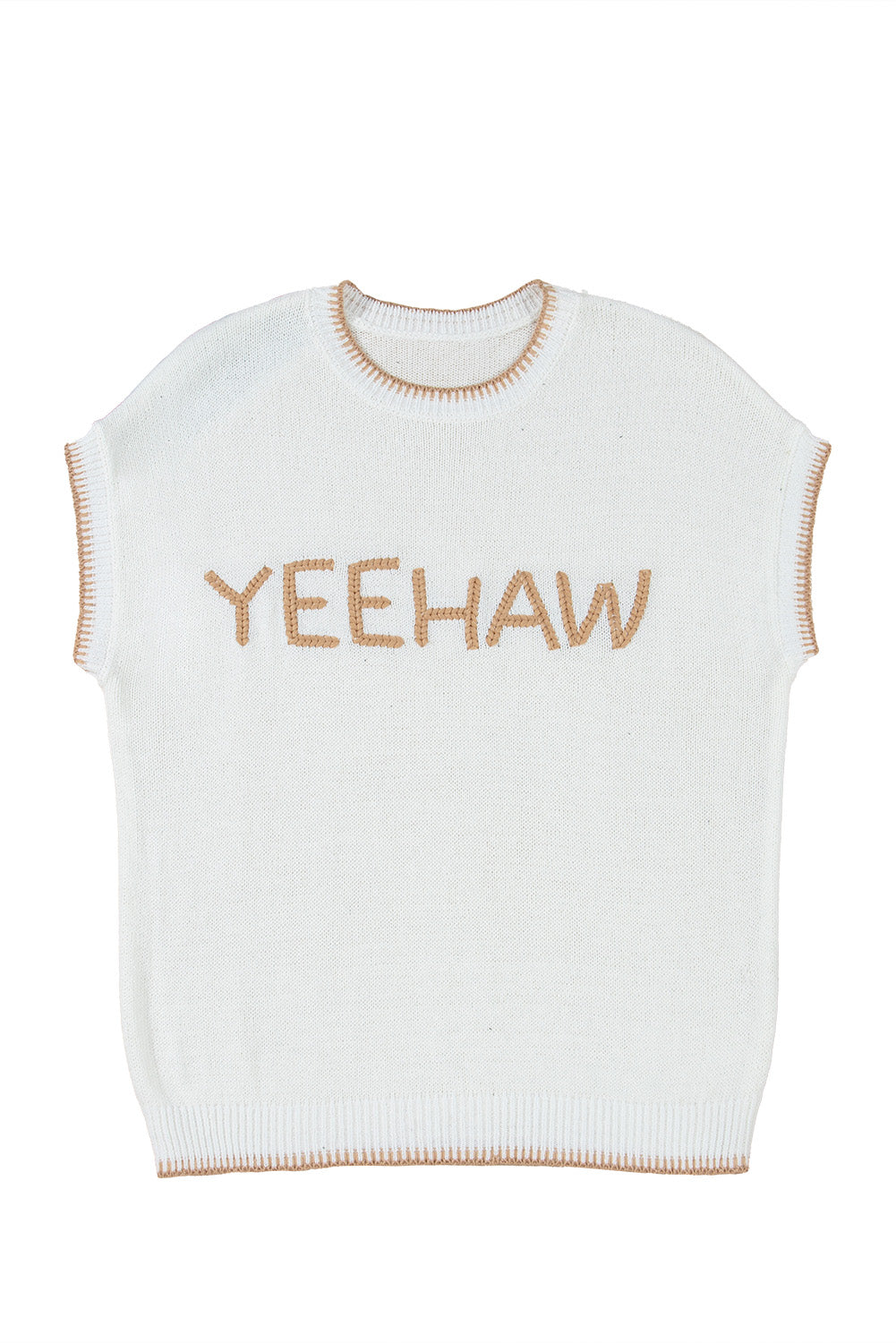 White Knitted Yeehaw Stitch Edge Crew Neck Sweater T Shirt-Sweaters & Cardigans/Short Sleeve Sweaters-[Adult]-[Female]-2022 Online Blue Zone Planet