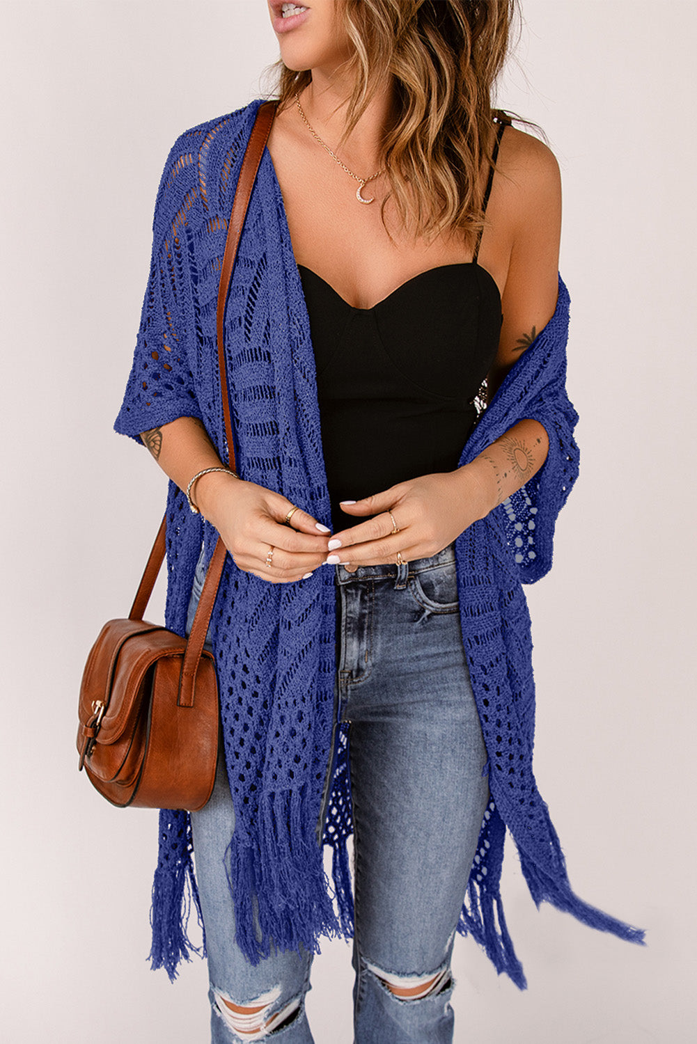 Blue Zone Planet | Openwork Open Front Cardigan with Fringes-TOPS / DRESSES-[Adult]-[Female]-Dark Blue-One Size-2022 Online Blue Zone Planet