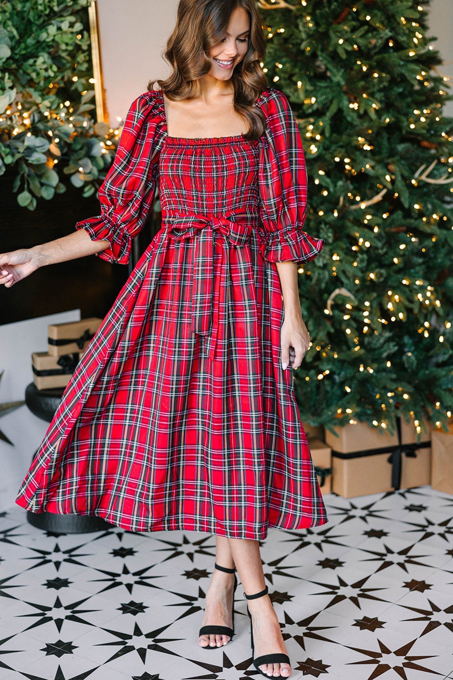 Red Tartan Plaid Square Neck Puff Sleeve Knot Waist Flared Midi Dress-TOPS / DRESSES-[Adult]-[Female]-2022 Online Blue Zone Planet
