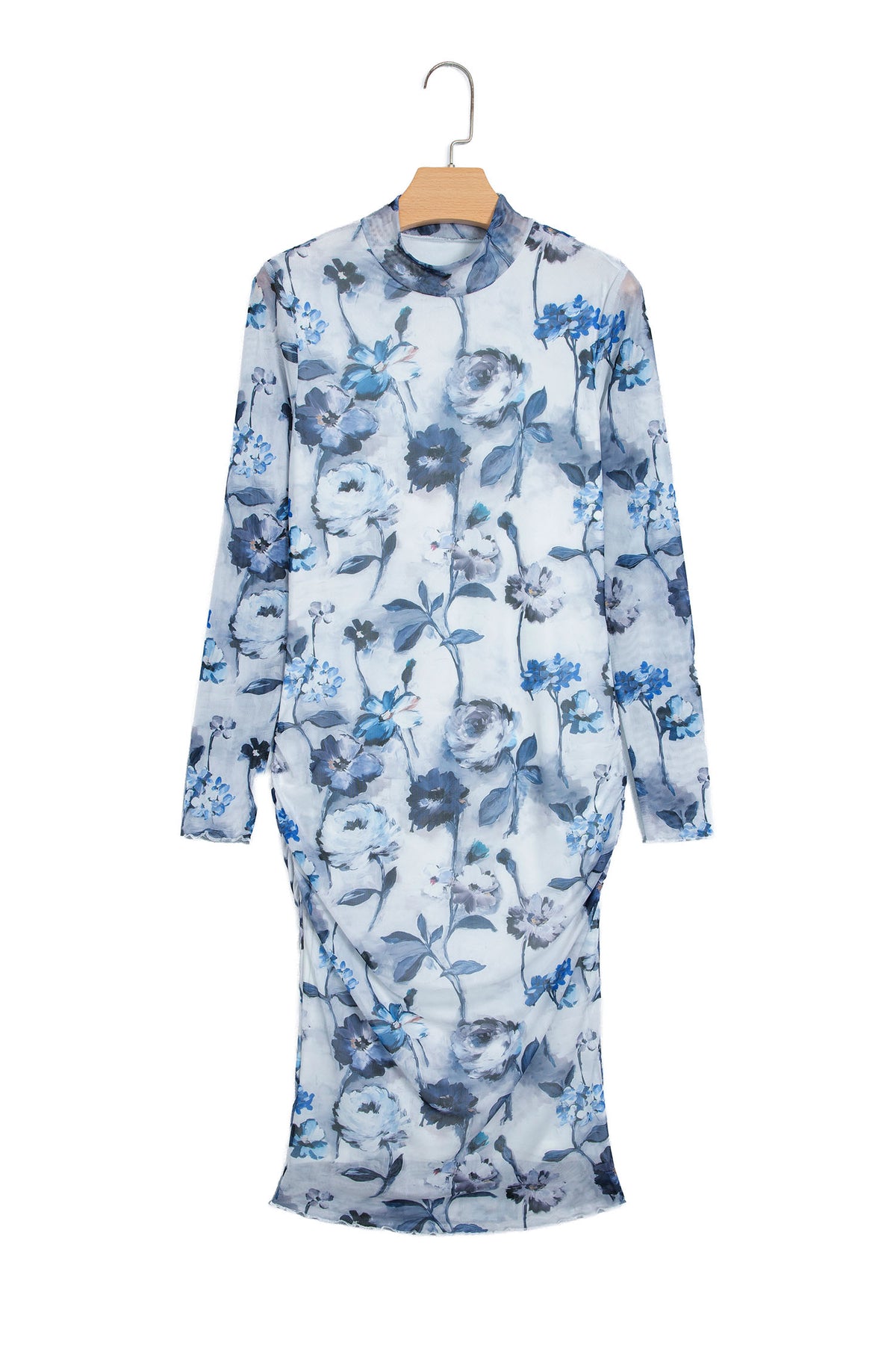 Sky Blue Floral Print Sheath Elegant Long Sleeve Dress-TOPS / DRESSES-[Adult]-[Female]-2022 Online Blue Zone Planet