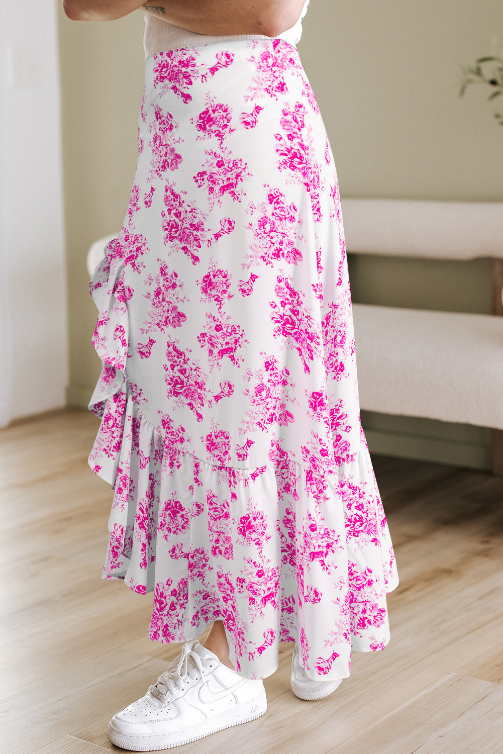 Rose Boho Floral High Waist Ruffle Split Maxi Skirt-Bottoms/Skirts & Petticoat-[Adult]-[Female]-2022 Online Blue Zone Planet