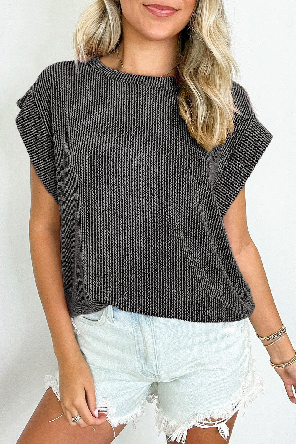 Carbon Grey Twisted Rib Wide Sleeve Crew Neck T Shirt-Tops/Tops & Tees-[Adult]-[Female]-Carbon Grey-S-2022 Online Blue Zone Planet