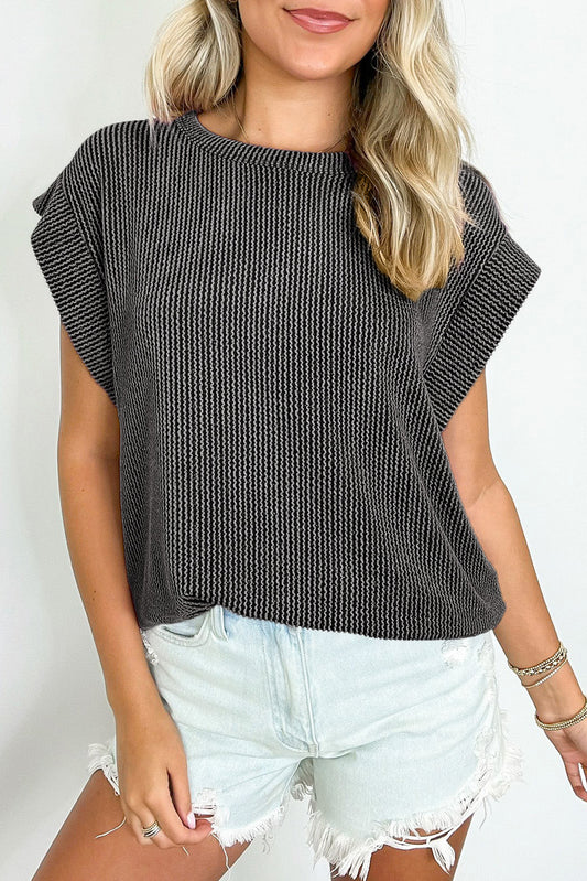 Carbon Grey Twisted Rib Wide Sleeve Crew Neck T Shirt-Tops/Tops & Tees-[Adult]-[Female]-Carbon Grey-S-2022 Online Blue Zone Planet