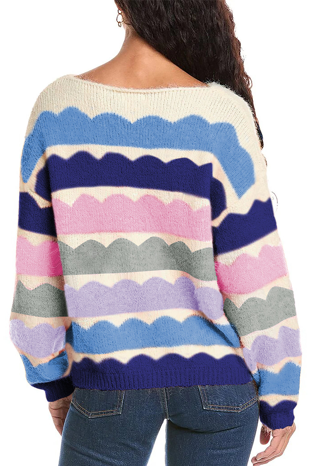 Yellow Wave Striped Balloon Sleeve Drop Shoulder Sweater-Sweaters-[Adult]-[Female]-2022 Online Blue Zone Planet