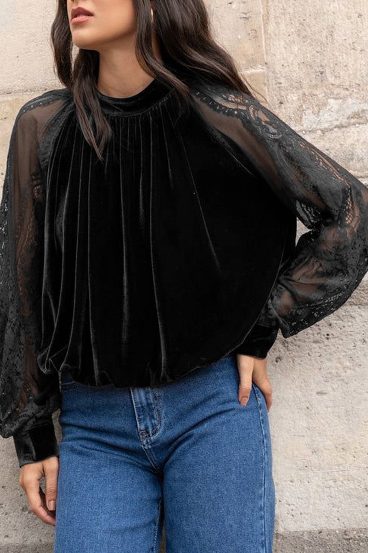 Color Black Solid Color Sheer Lace Long Sleeve Patchwork Stand Neck Velvet Blouse-Tops/Blouses & Shirts-[Adult]-[Female]-2022 Online Blue Zone Planet
