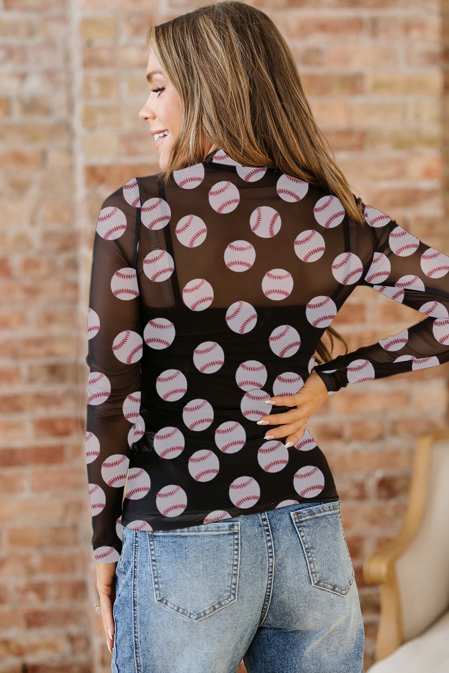 Black Baseball Game Day Sheer Mesh Long Sleeve Top-Tops/Long Sleeve Tops-[Adult]-[Female]-2022 Online Blue Zone Planet