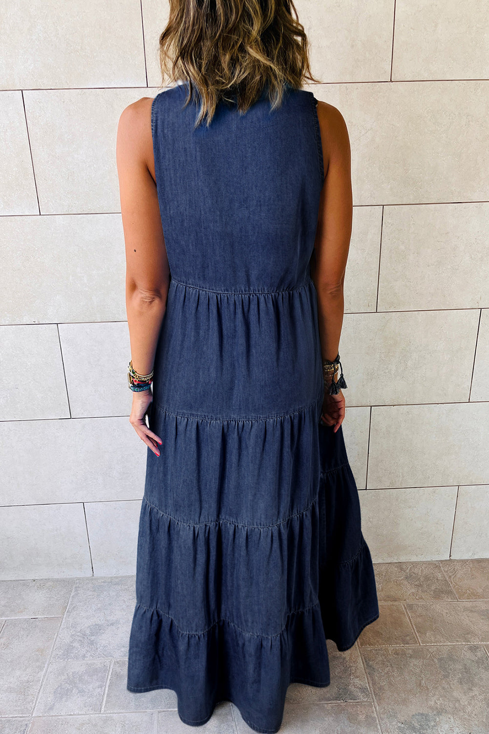 Blue Zone Planet |  Real Teal Sleeveless Tiered Chambray Maxi Dress Blue Zone Planet