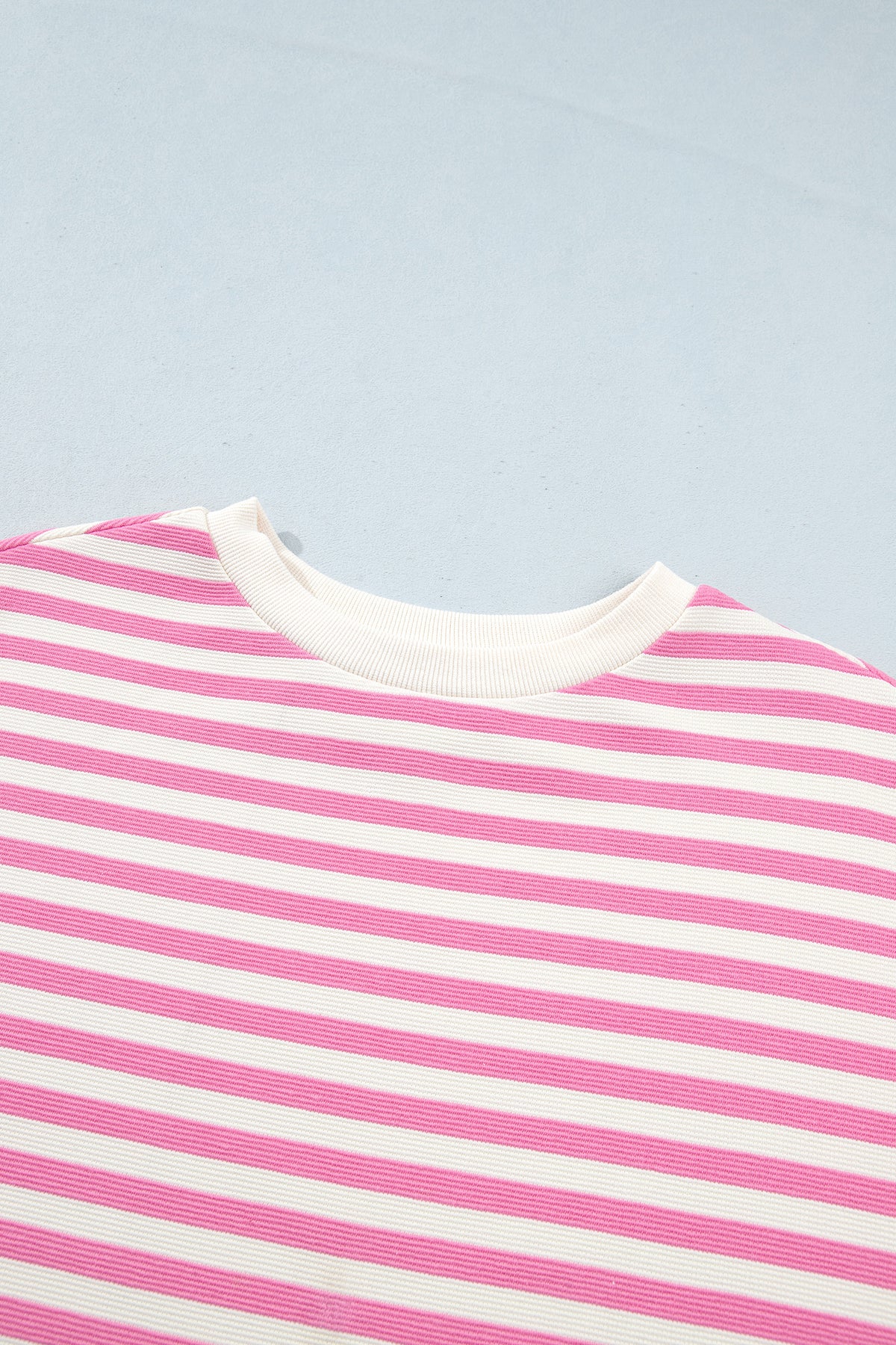 Pink Striped Long Sleeve Crew Neck Drawstring Waist Shorts Set-Two Piece Sets/Short Sets-[Adult]-[Female]-2022 Online Blue Zone Planet