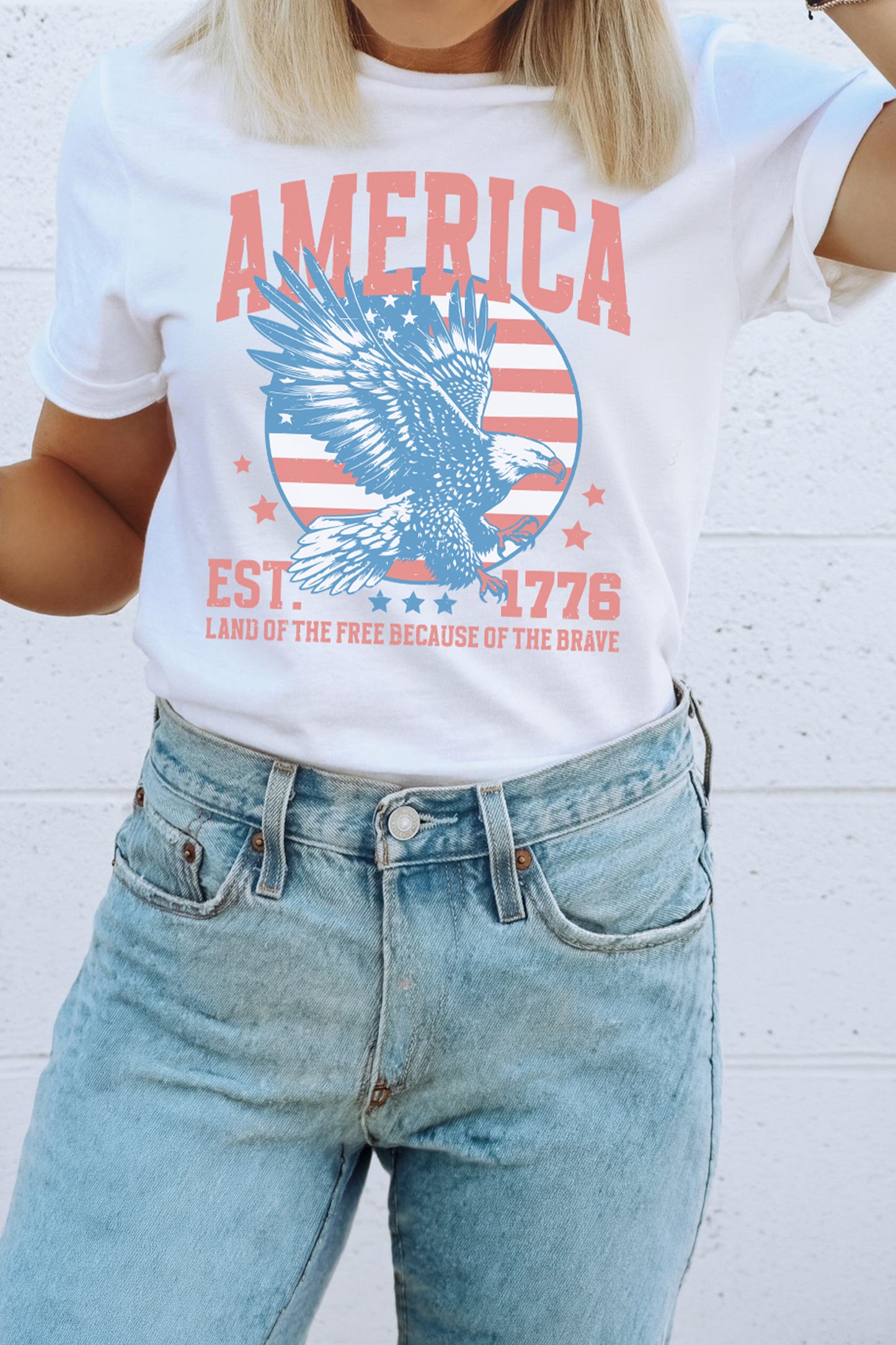 White Vintage America Eagle Printed Freedom Spirit Patriotic Tee-Graphic/Graphic Tees-[Adult]-[Female]-2022 Online Blue Zone Planet