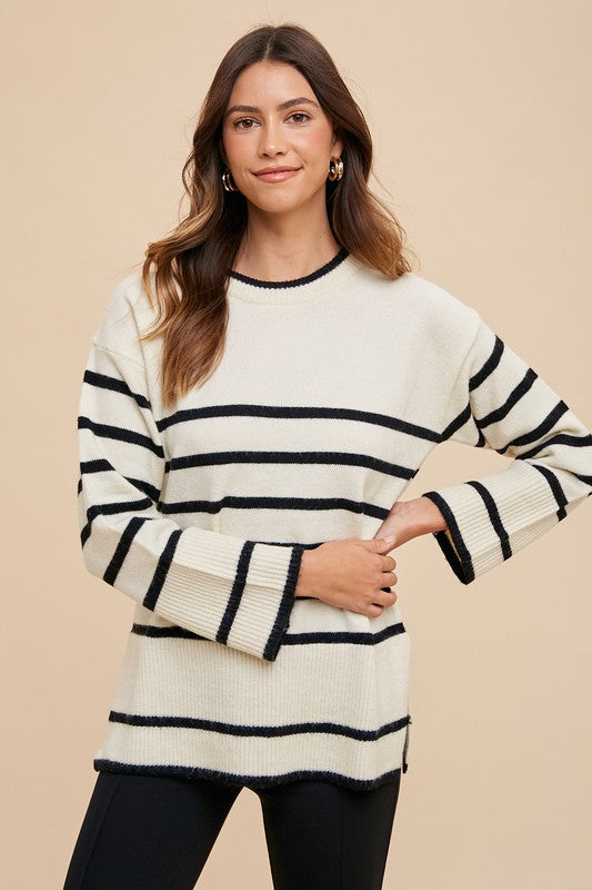 Blue Zone Planet | Annie Wear Side Slit Striped Round Neck Sweater-TOPS / DRESSES-[Adult]-[Female]-2022 Online Blue Zone Planet