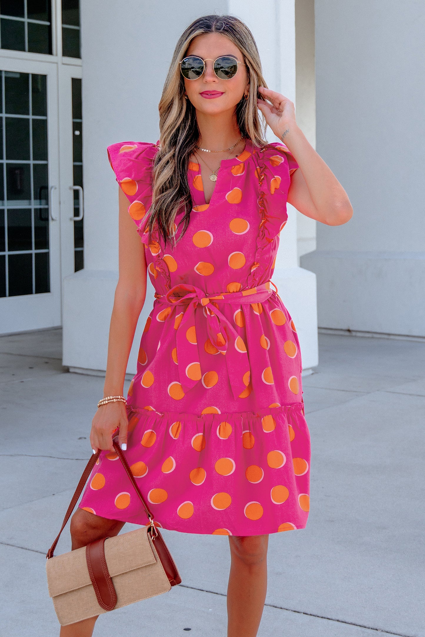 Rose Double Polka Dot V Neck Ruffled Short Sleeve Dress-TOPS / DRESSES-[Adult]-[Female]-2022 Online Blue Zone Planet