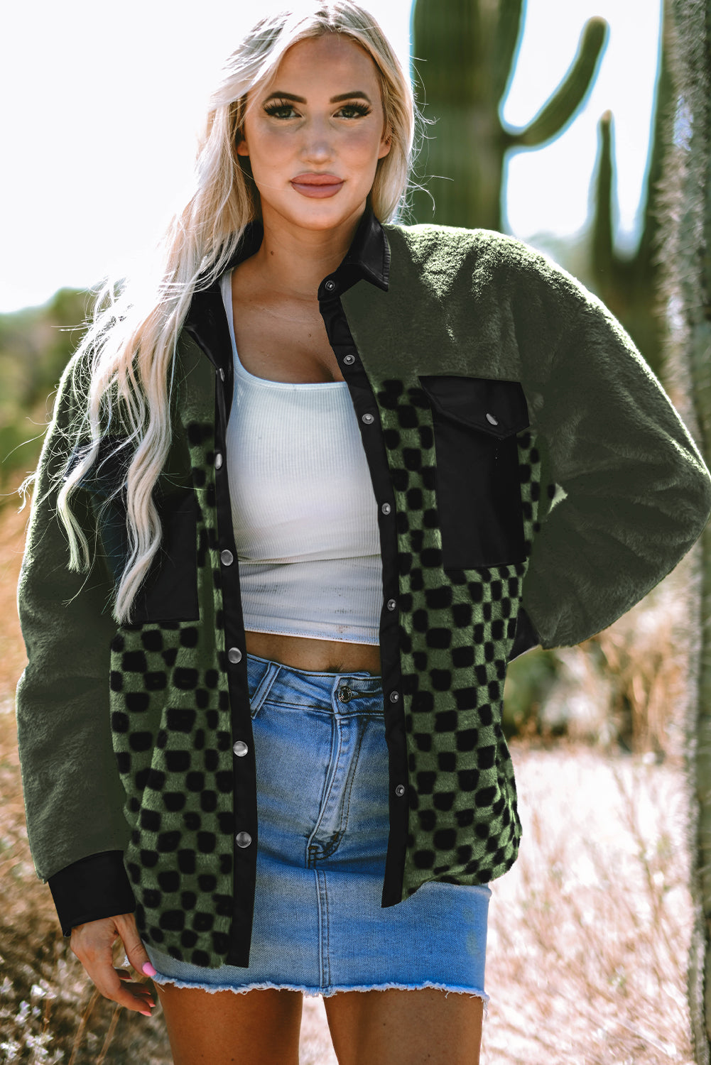 Blue Zone Planet | Vineyard Green Fleece Checkerboard Flap Pocket Snap Button Jacket-Outerwear/Jackets-[Adult]-[Female]-2022 Online Blue Zone Planet