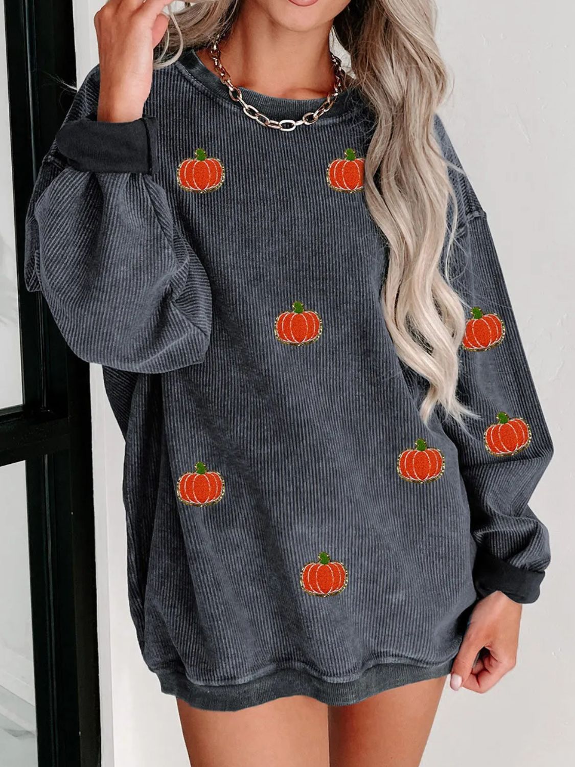 Pumpkin Round Neck Long Sleeve Sweatshirt-TOPS / DRESSES-[Adult]-[Female]-Dark Gray-S-2022 Online Blue Zone Planet