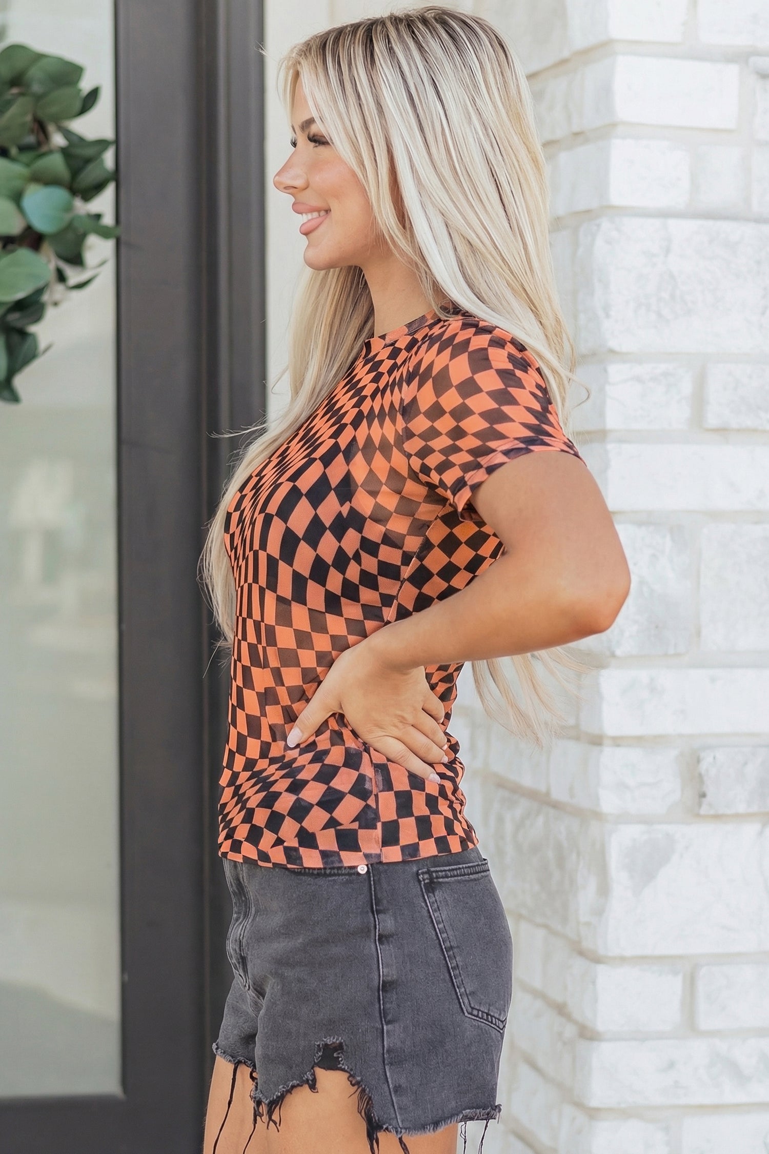 Orange Checkered Print Crew Neck Mesh T Shirt-Tops/Tops & Tees-[Adult]-[Female]-2022 Online Blue Zone Planet