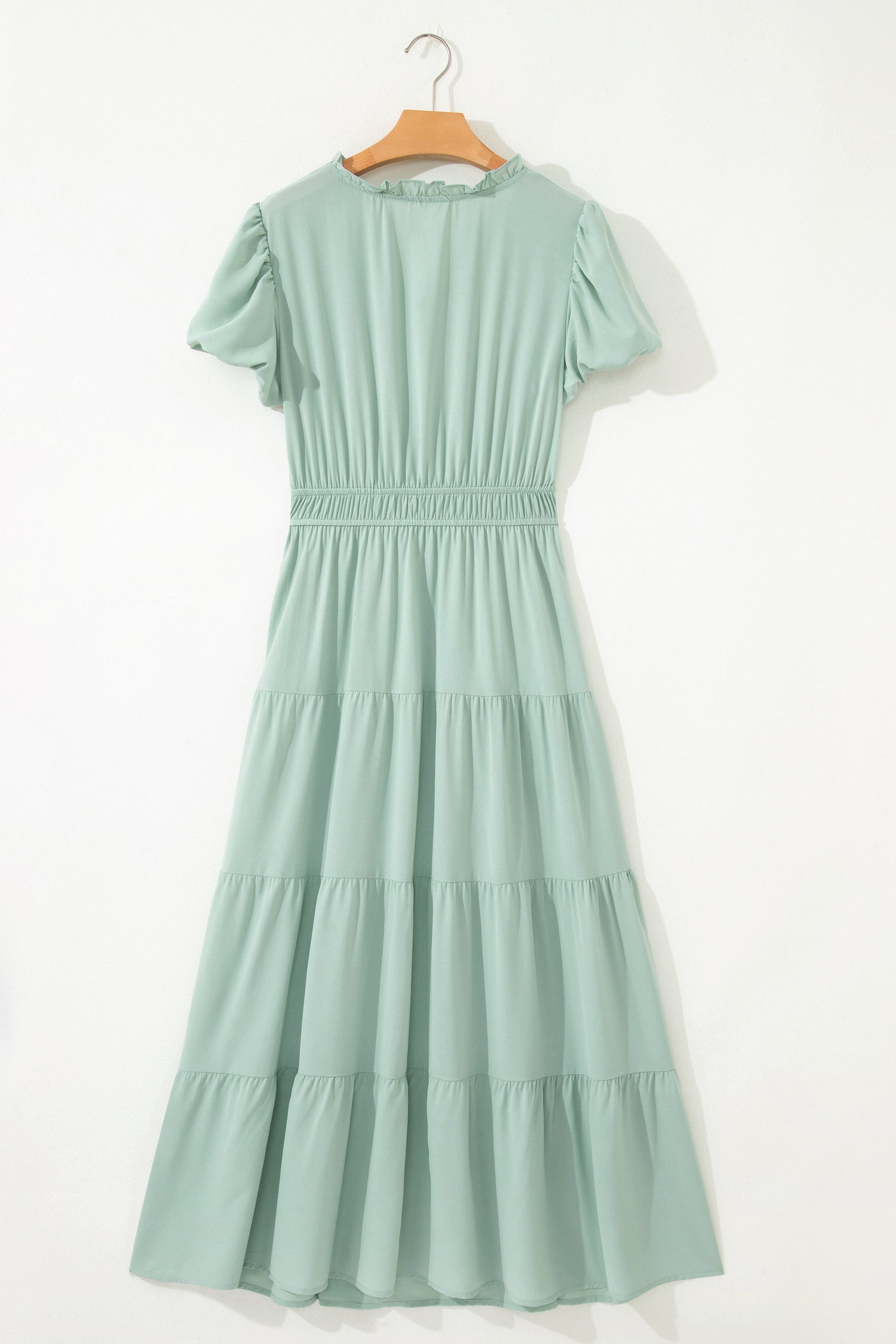 Clearly Aqua Solid Color V Neck Short Puff Sleeve High Waist Tiered Maxi Dress-TOPS / DRESSES-[Adult]-[Female]-2022 Online Blue Zone Planet