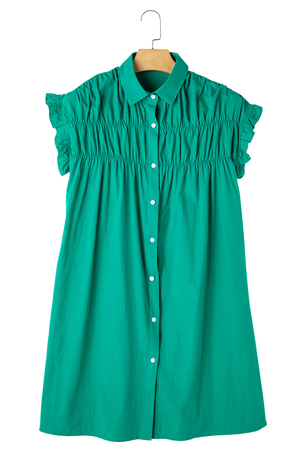 Blue Zone Planet | Bright Green Shirred Ruffle Sleeve Button Up Short Dress-TOPS / DRESSES-[Adult]-[Female]-2022 Online Blue Zone Planet