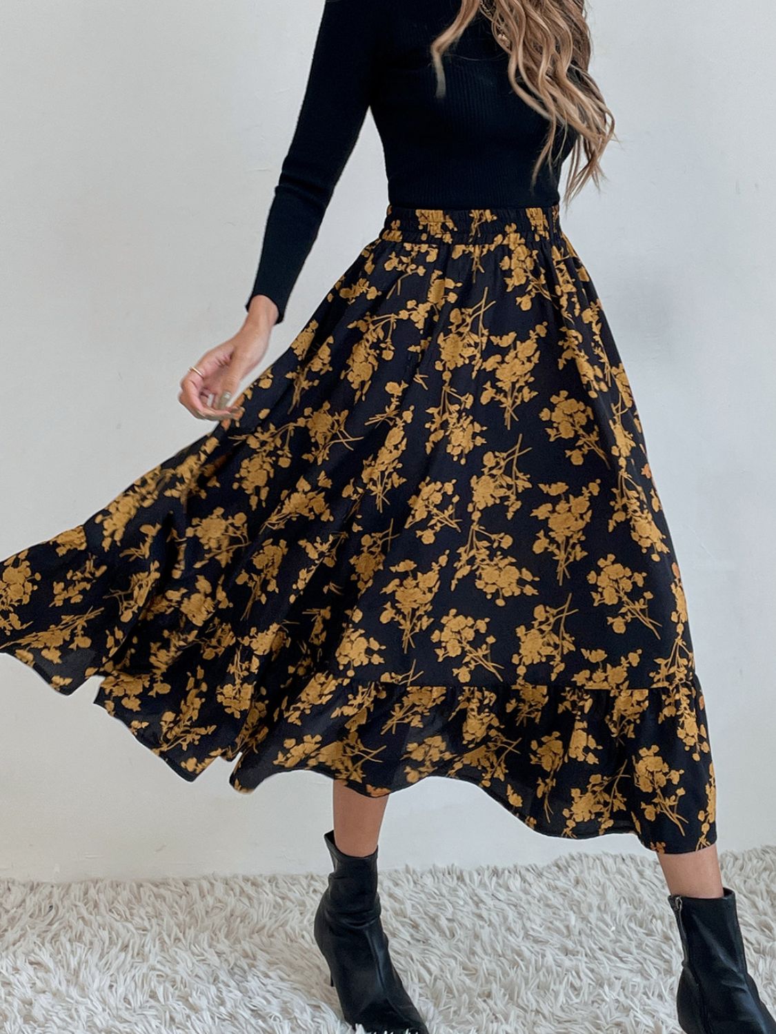 Printed Elastic Waist Midi Skirt-BOTTOM SIZES SMALL MEDIUM LARGE-[Adult]-[Female]-2022 Online Blue Zone Planet