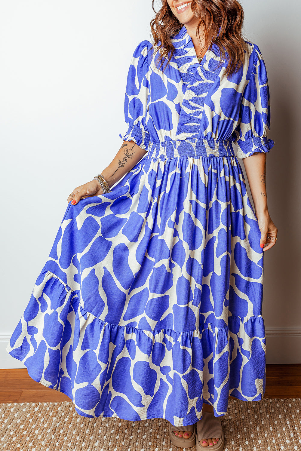 Sky Blue Abstract Print Smocked Waist Puff Half Sleeve Maxi Dress-TOPS / DRESSES-[Adult]-[Female]-2022 Online Blue Zone Planet